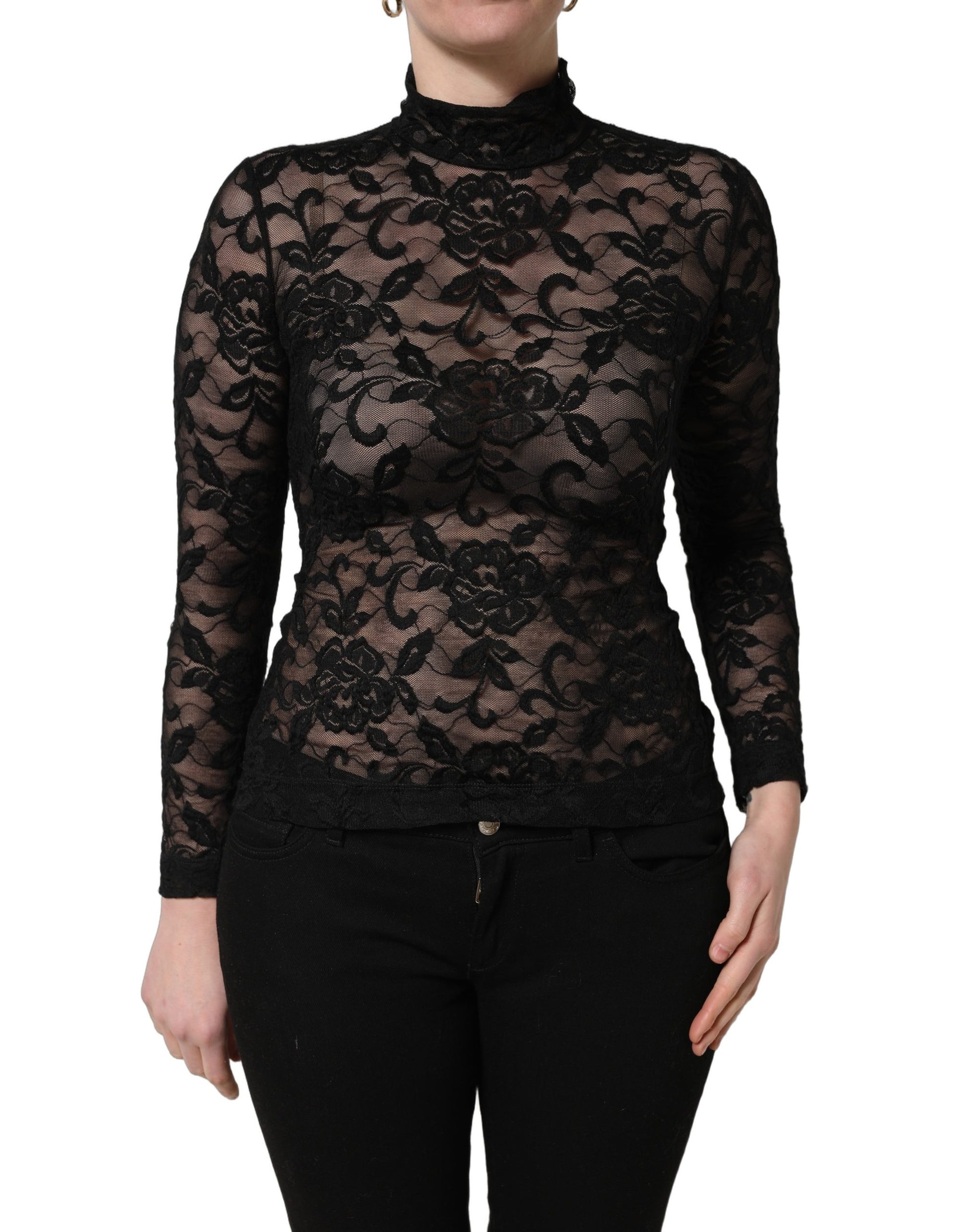 Black Floral Lace Turtle Neck Long Sleeve Top