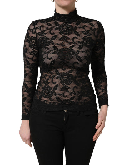 Black Floral Lace Turtle Neck Long Sleeve Top
