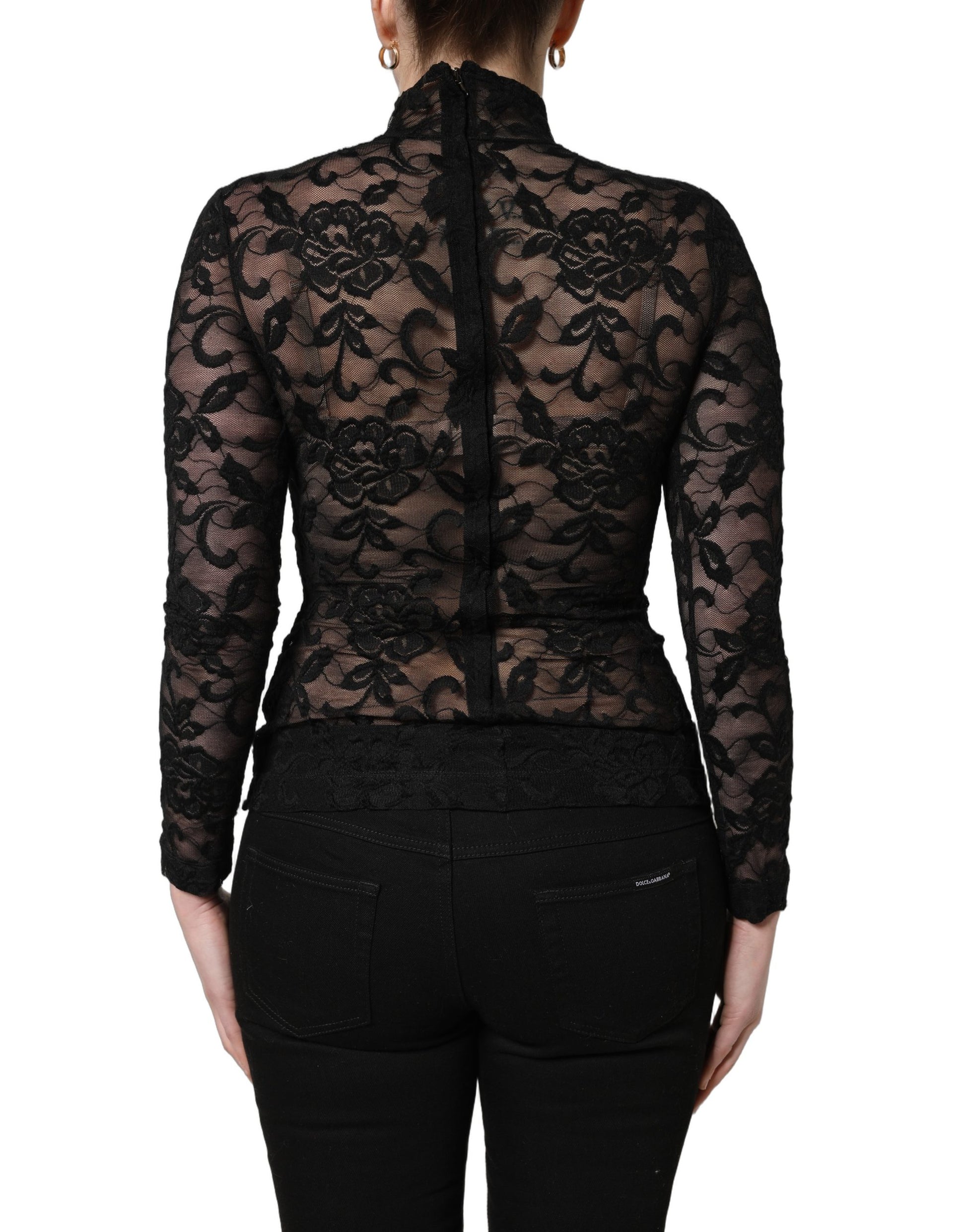 Black Floral Lace Turtle Neck Long Sleeve Top