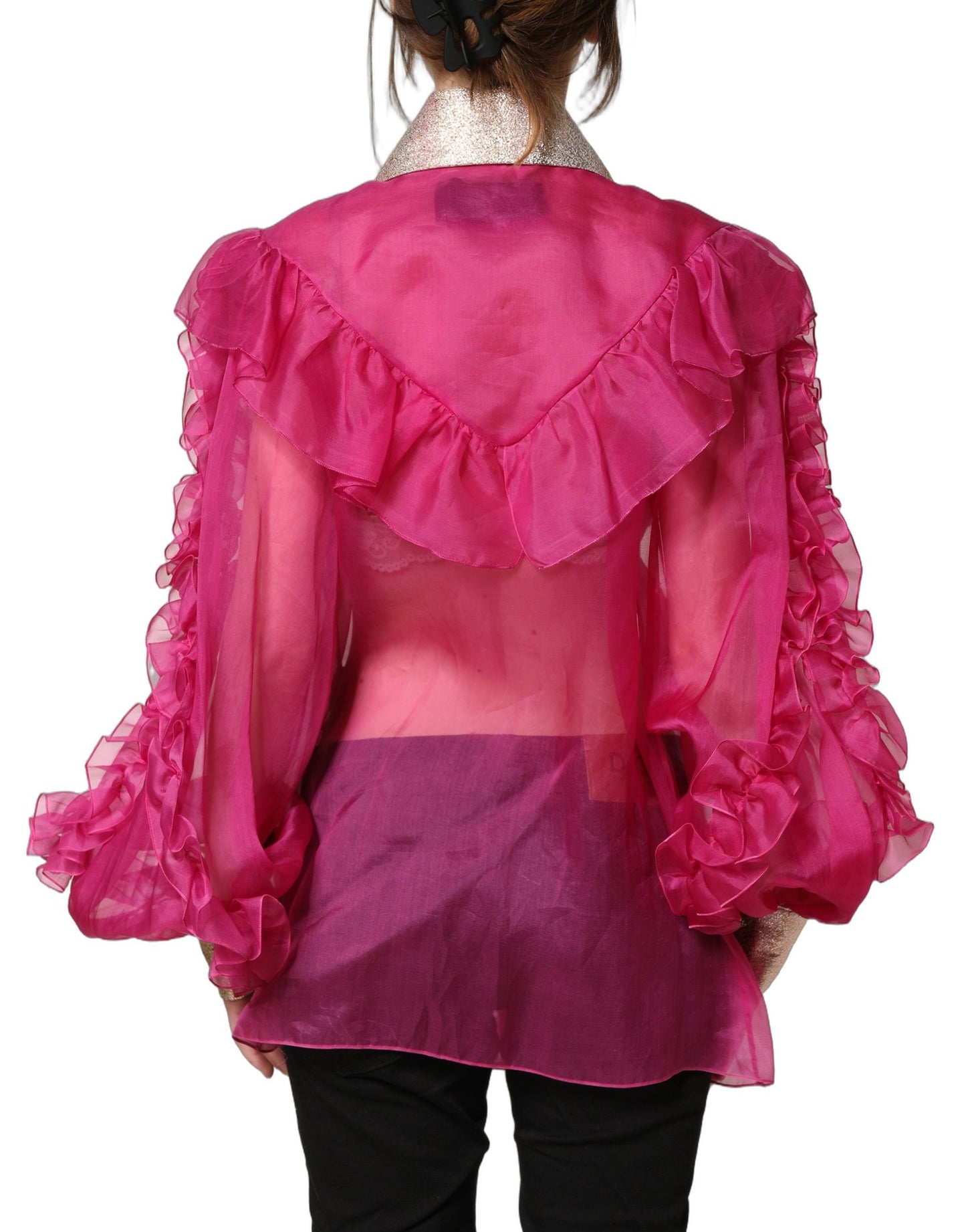 Fuchsia Sheer Chiffon Buttoned Blouse Top