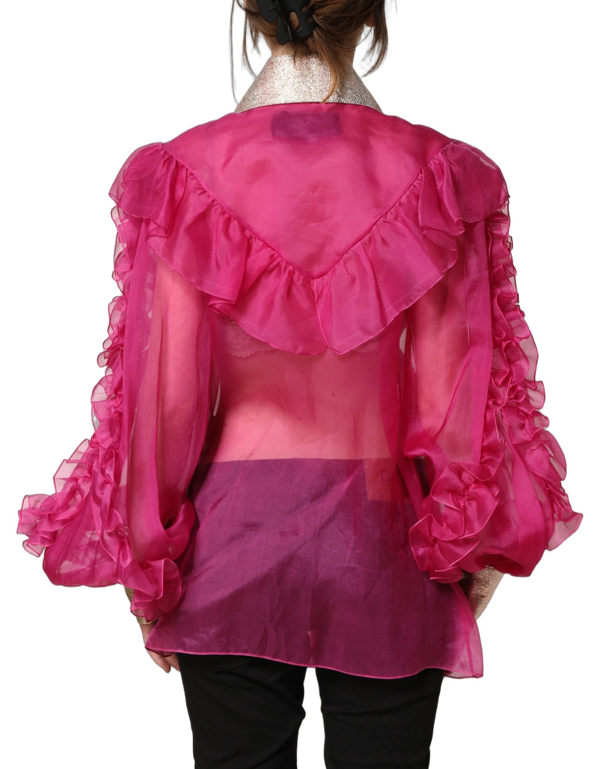 Fuchsia Sheer Chiffon Buttoned Blouse Top