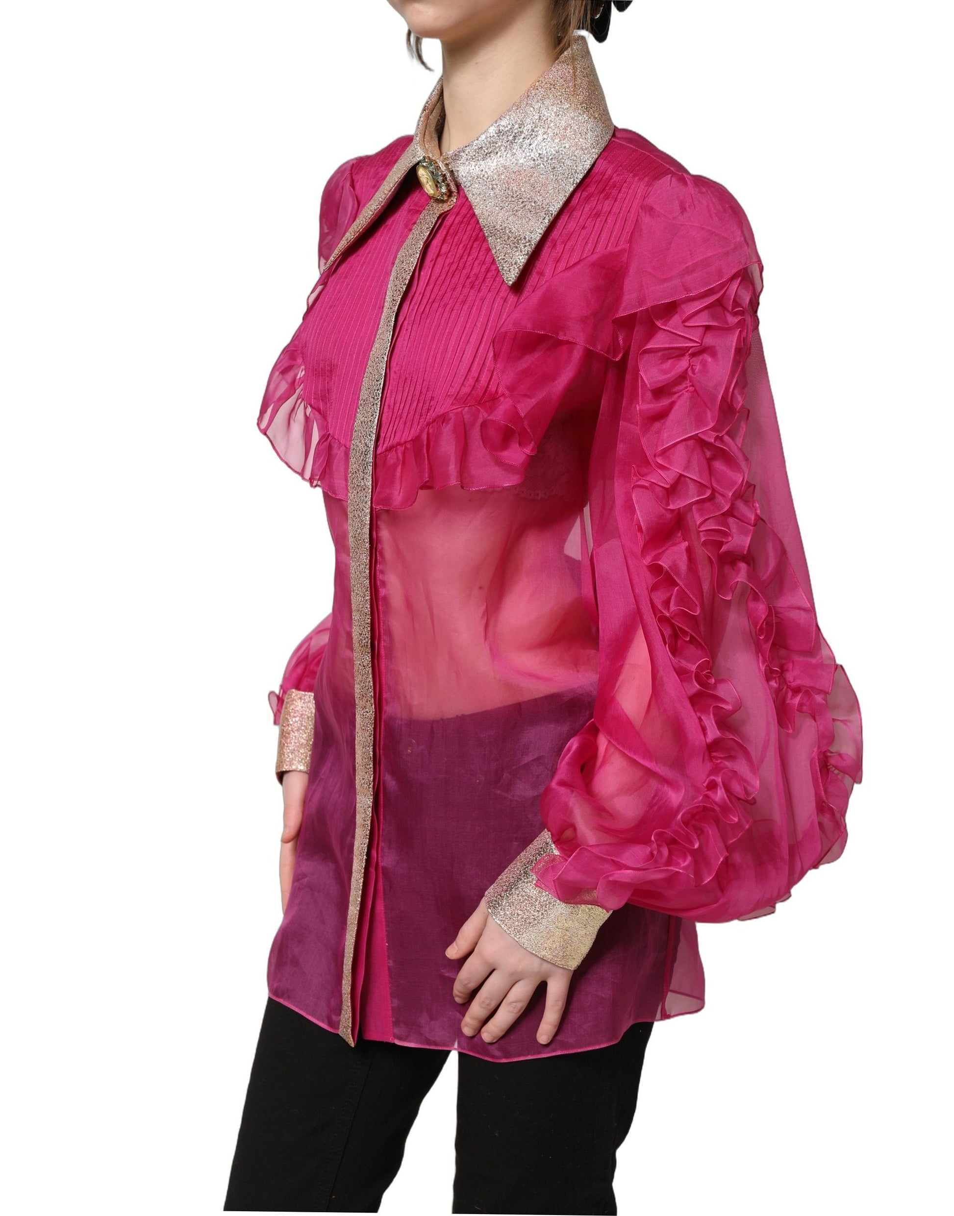 Fuchsia Sheer Chiffon Buttoned Blouse Top