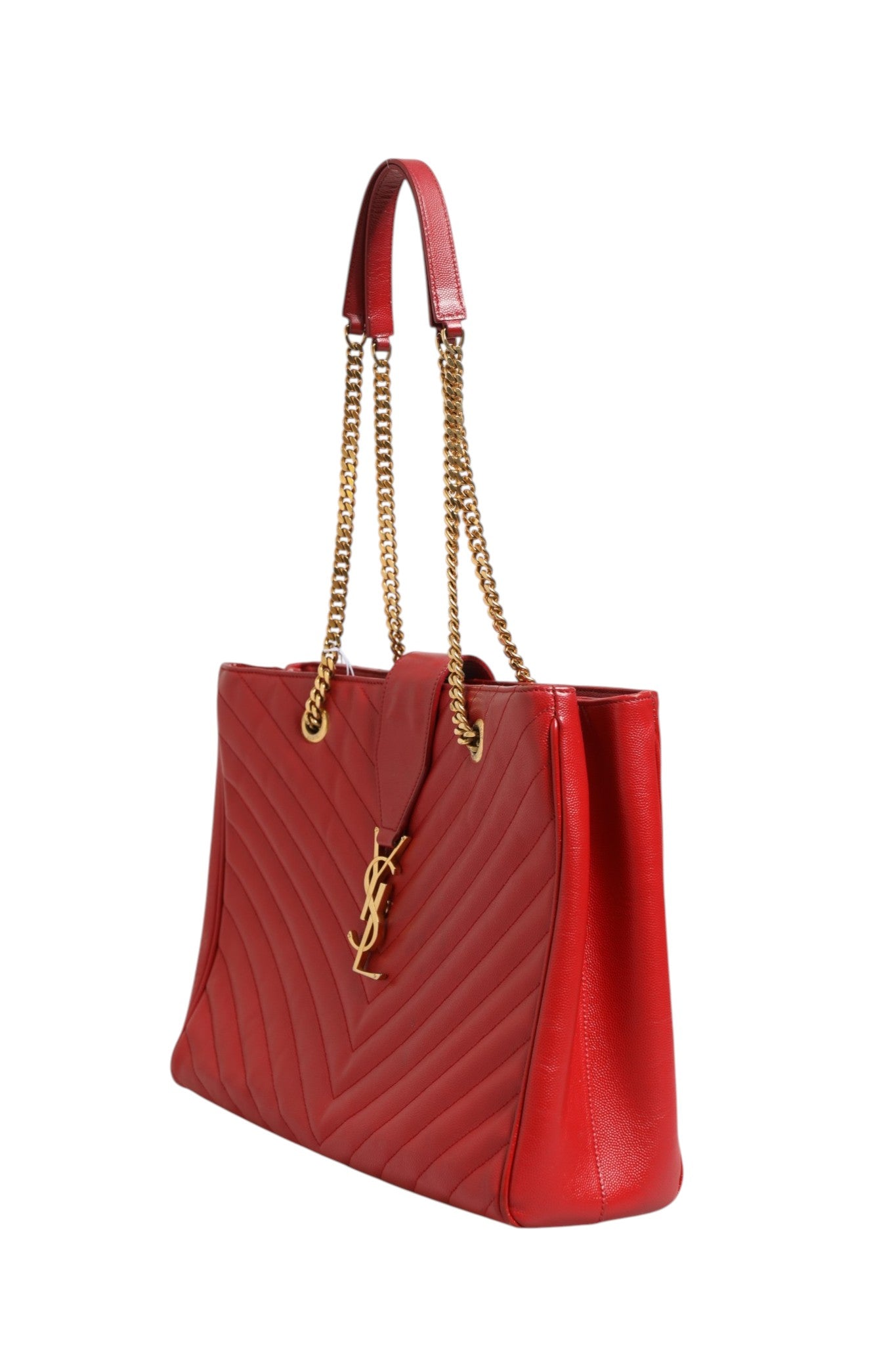 Red Chevron Quilted Grained Leather Monogram Tote Bag