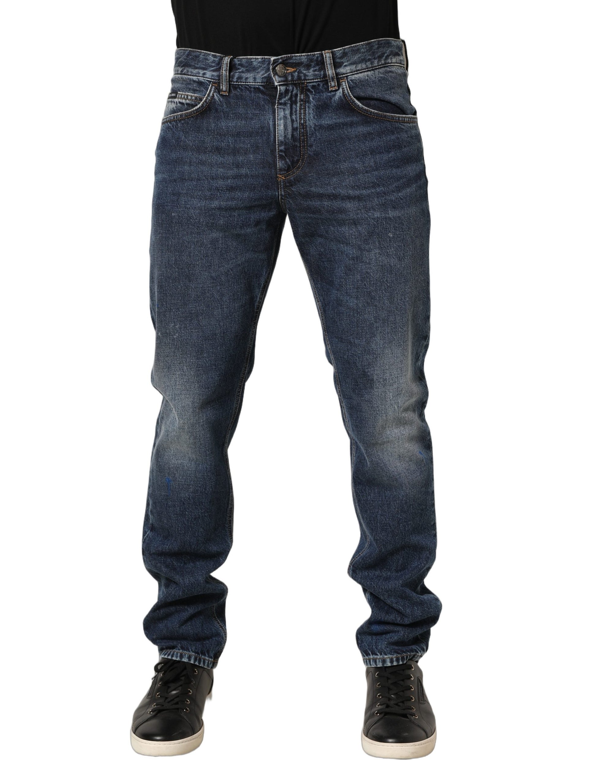 Dark Blue Washed Mid Waist Straight Men Denim Jeans