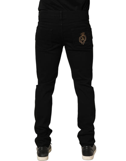 Black Heraldic Embroidered Skinny Denim Jeans