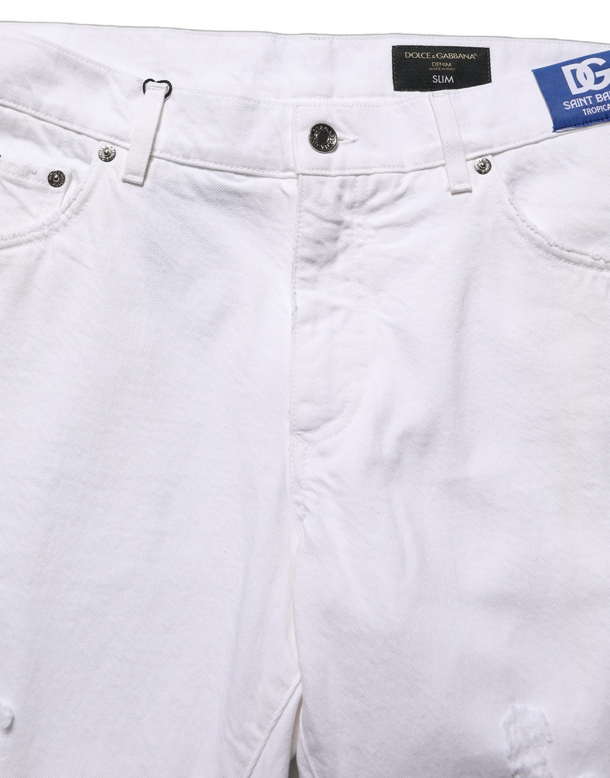 White Cotton Ripped Slim Fit Men Denim Jeans