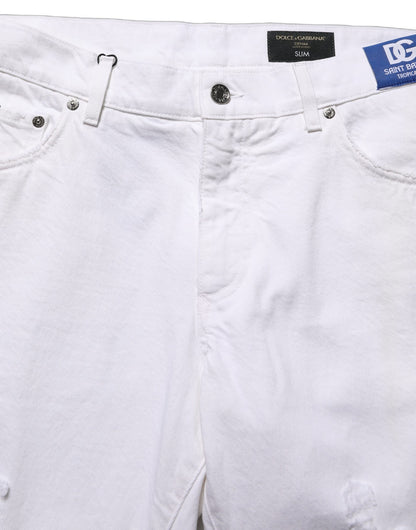 White Cotton Ripped Slim Fit Men Denim Jeans