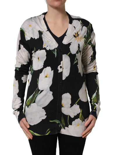 Black Floral Cashmere Silk Cardigan Sweater