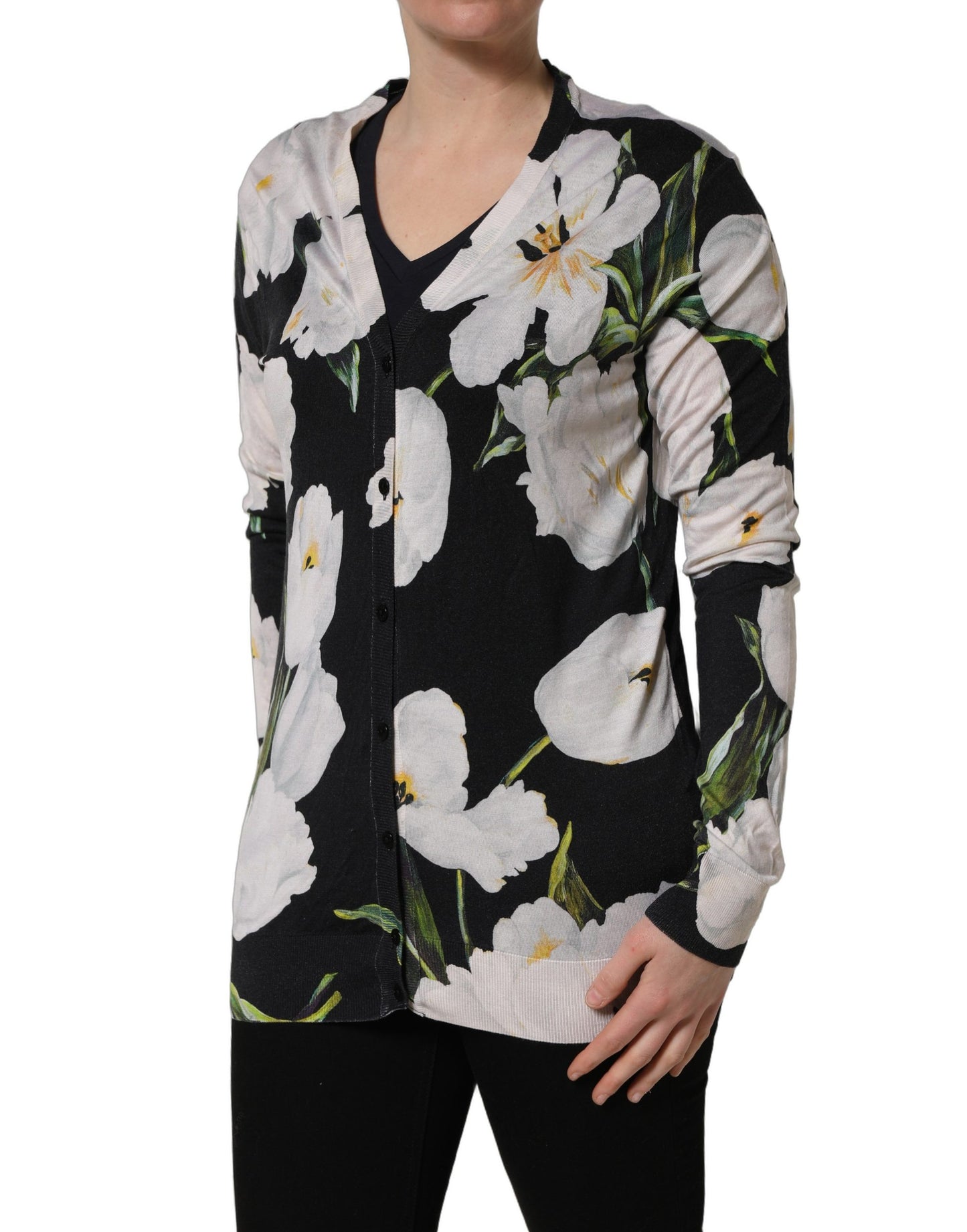 Black Floral Cashmere Silk Cardigan Sweater