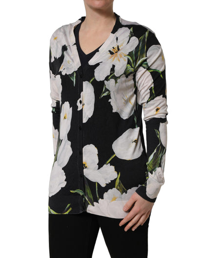 Black Floral Cashmere Silk Cardigan Sweater