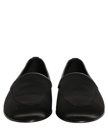 Black Satin Logo Slip On Flats Loafers Shoes