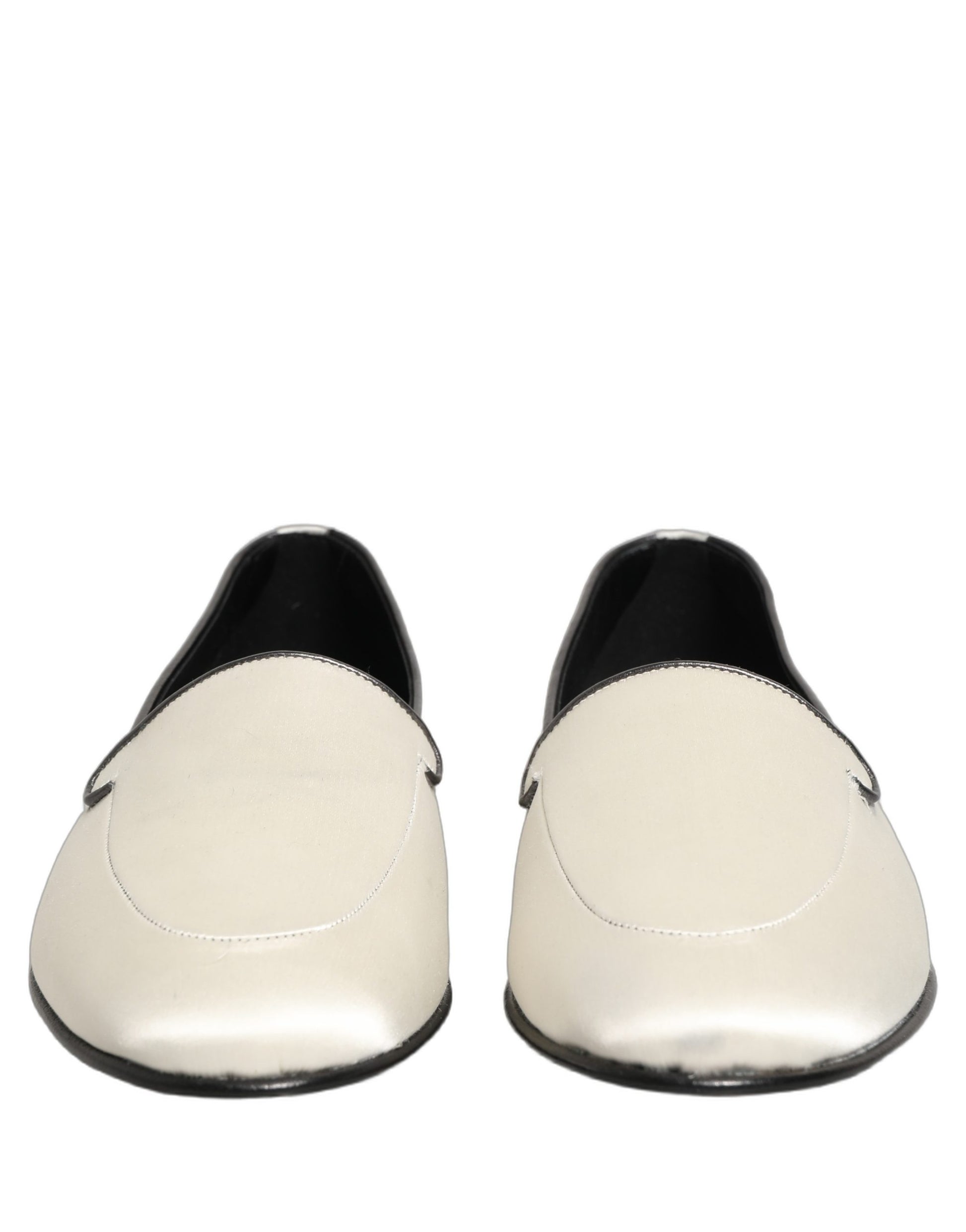 White Satin Logo Slip On Flats Loafers Shoes