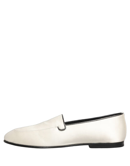 White Satin Logo Slip On Flats Loafers Shoes