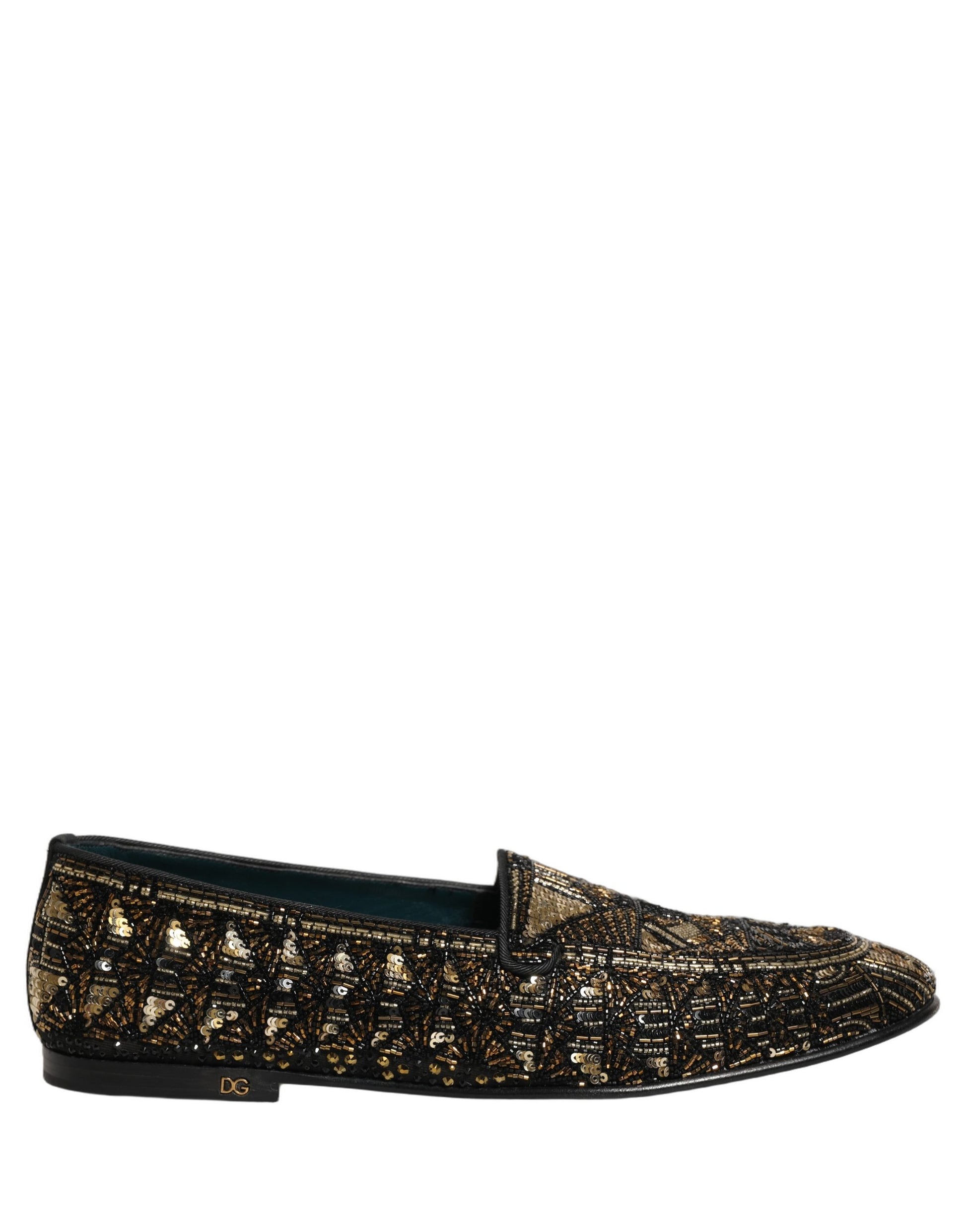 Black Gold Embellished Slip On Loafers Shoes