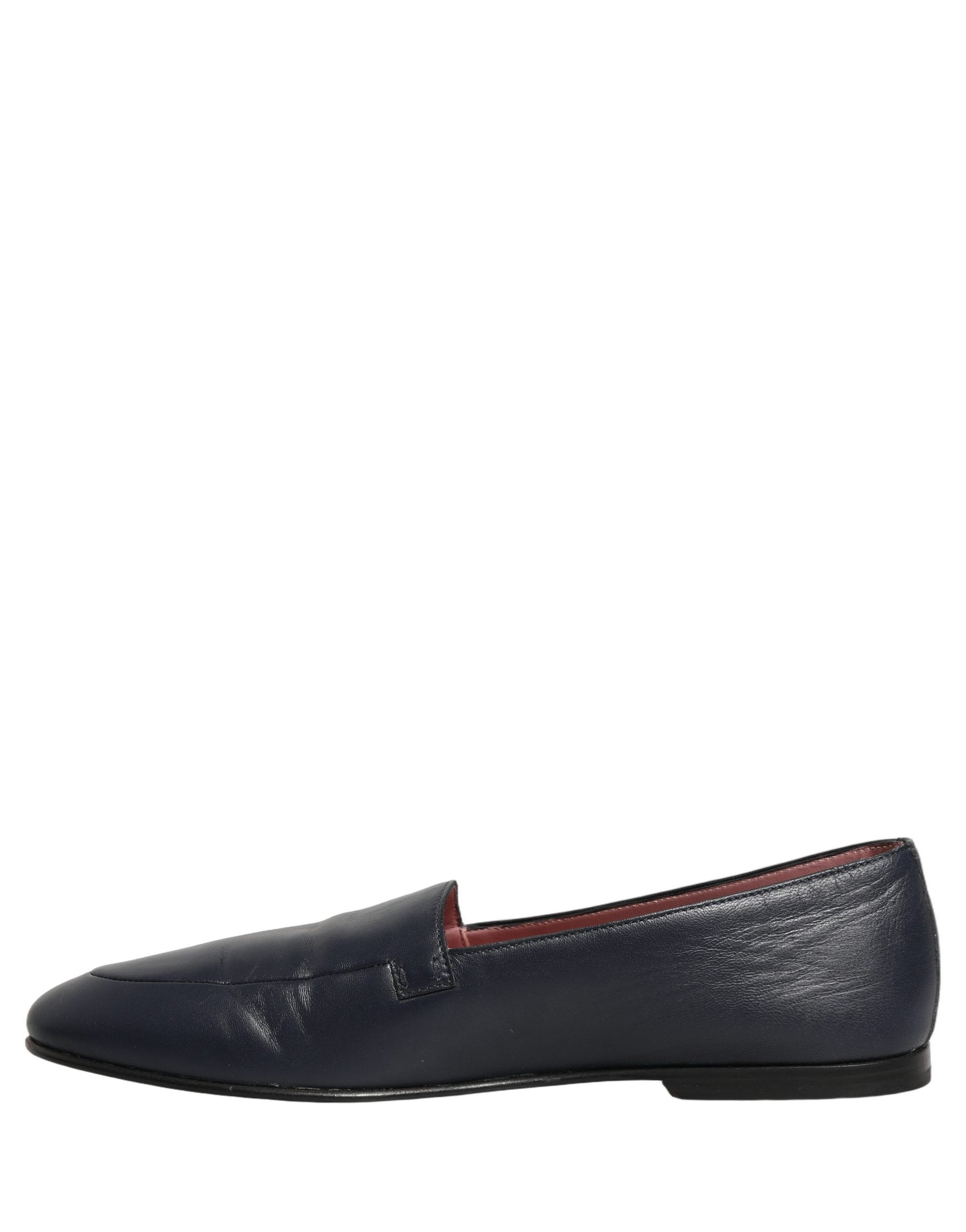 Navy Blue Leather Logo Slip On Loafers Shoes