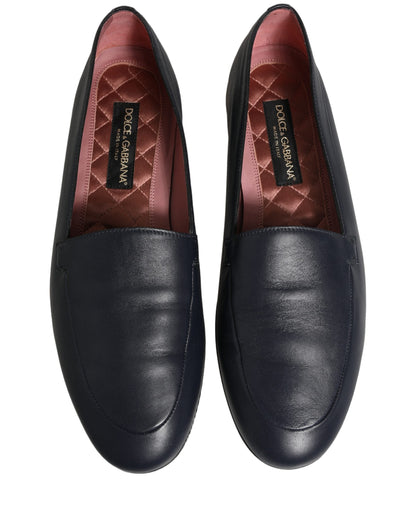 Navy Blue Leather Logo Slip On Loafers Shoes