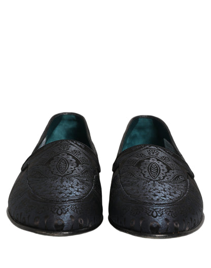 Blue Jacquard Leather Slip On Loafers Shoes