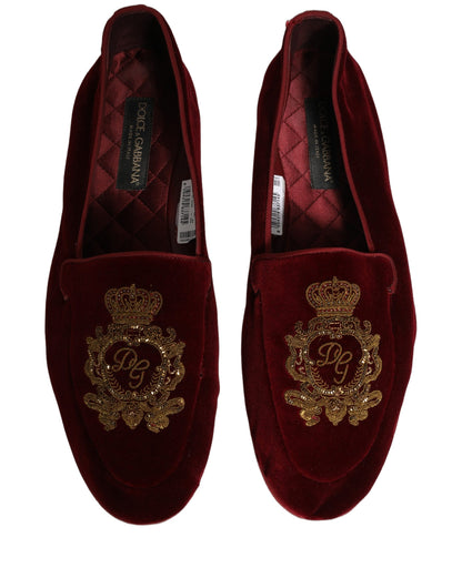 Maroon Velvet Crown Embroidery Loafers Shoes