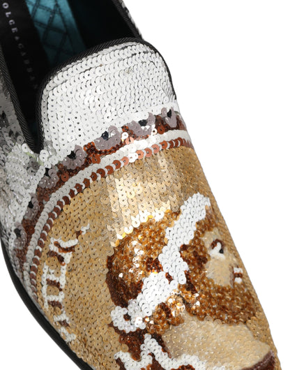 White Gold Sequined Slip On Loafers Shoes