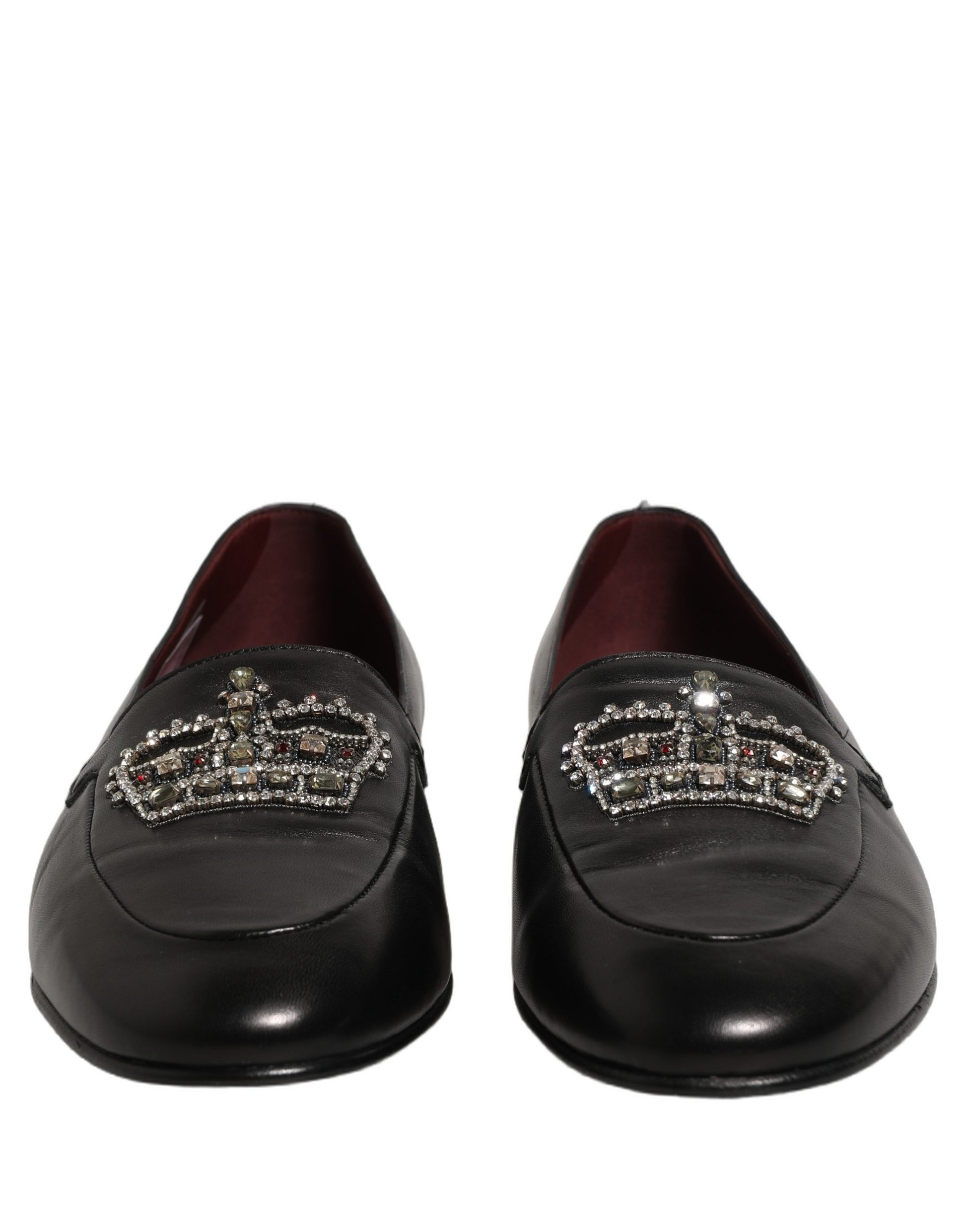 Black Leather Crown Embellished Loafers Shoes