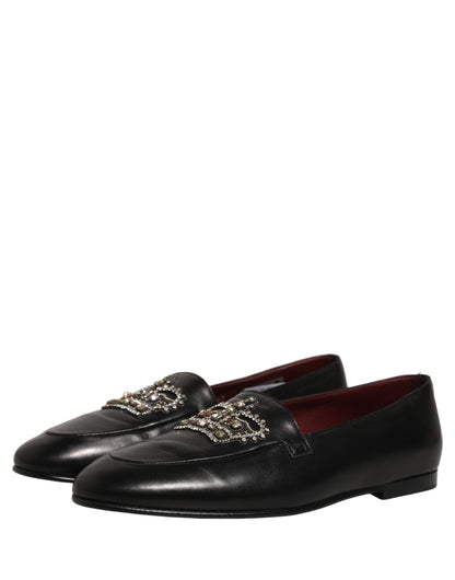Black Leather Crown Embellished Loafers Shoes