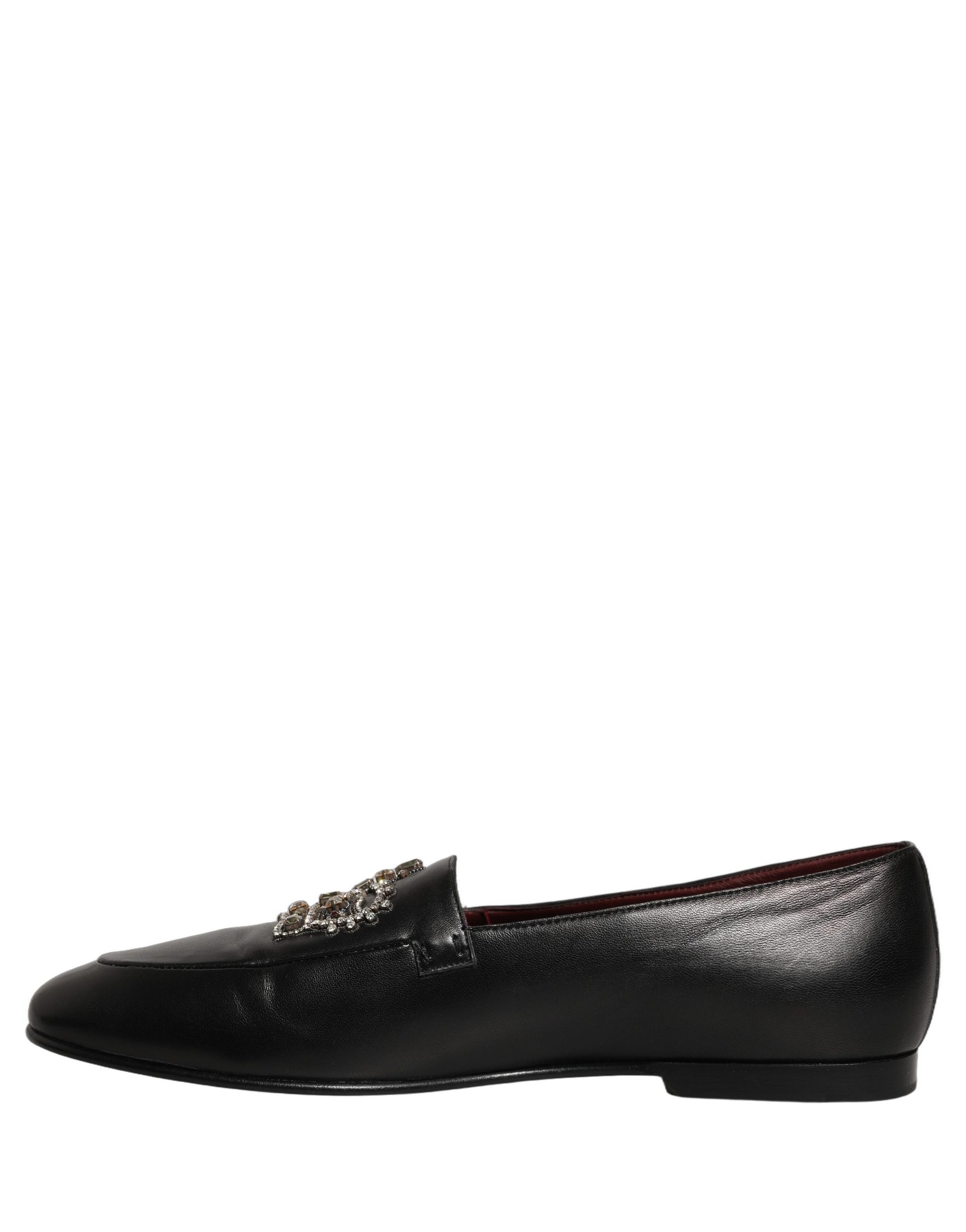 Black Leather Crown Embellished Loafers Shoes