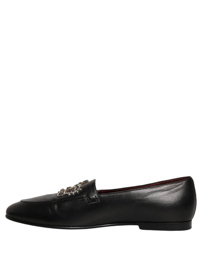 Black Leather Crown Embellished Loafers Shoes