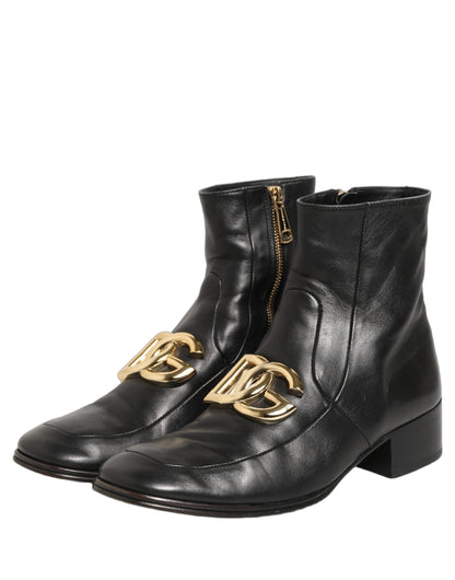 Black Leather DG Logo Plaque Shorts Ankle Boots Shoes