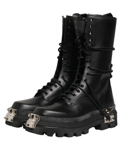 Black Stud Platform Combat High Boots Shoes