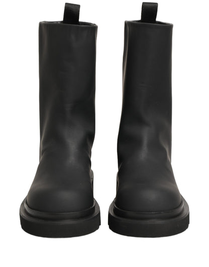 Black Leather Mid Calf Chunky Men Boots Shoes