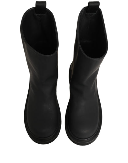 Black Leather Mid Calf Chunky Men Boots Shoes