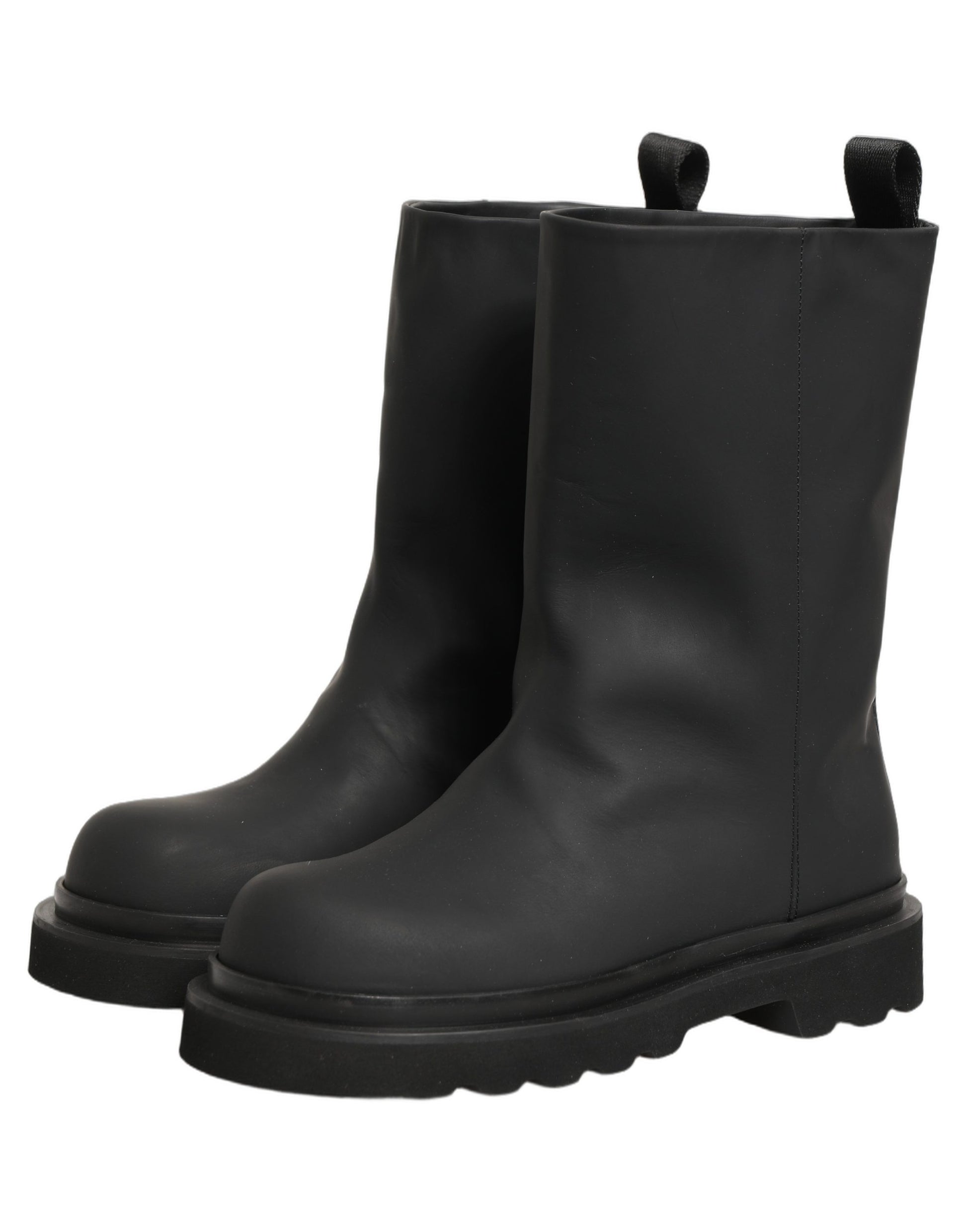 Black Leather Mid Calf Chunky Men Boots Shoes