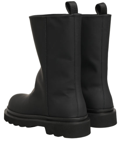 Black Leather Mid Calf Chunky Men Boots Shoes