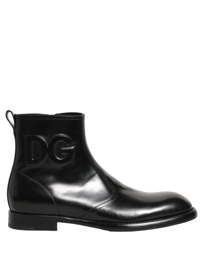 Black Leather Embossed Logo Ankle Boots Shoes