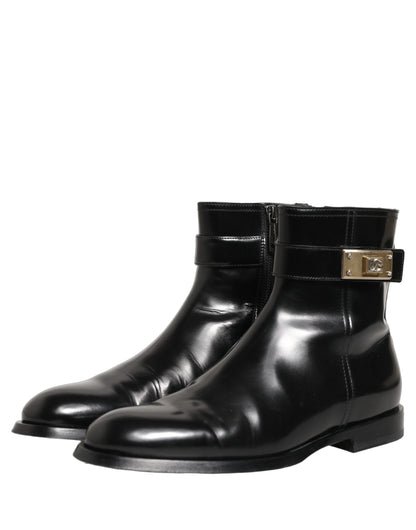 Black Leather Logo Buckle Mid Calf Boots Shoes