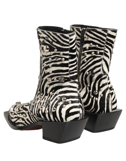 Black White Zebra Embellished Boots Shoes