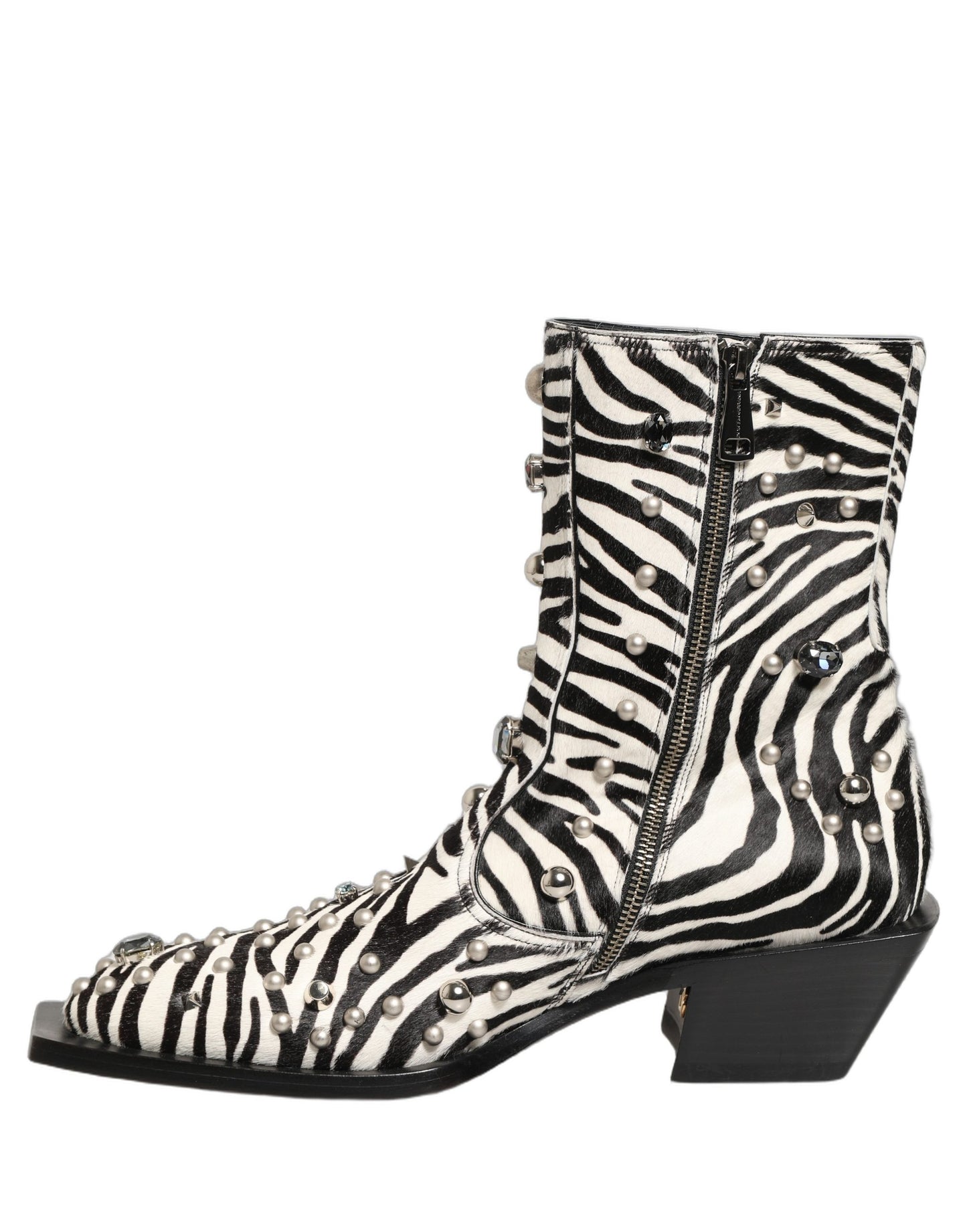 Black White Zebra Embellished Boots Shoes