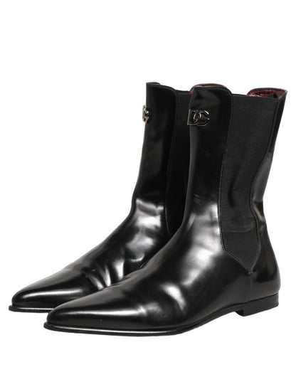 Black Leather Chelsea Mid Calf Boots Shoes