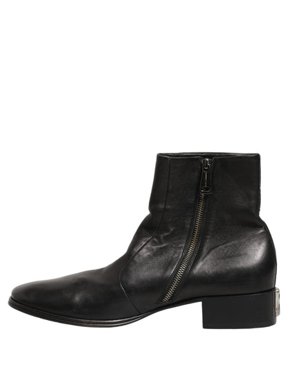 Black Leather Logo Short Ankle Boots Shoes
