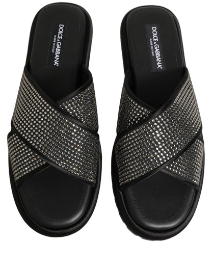 Black Strass Criss Cross Slide Sandals Shoes