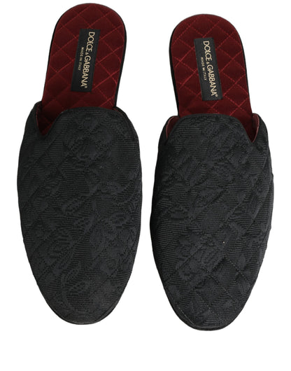 Black Floral Brocade Slides Slippers Shoes