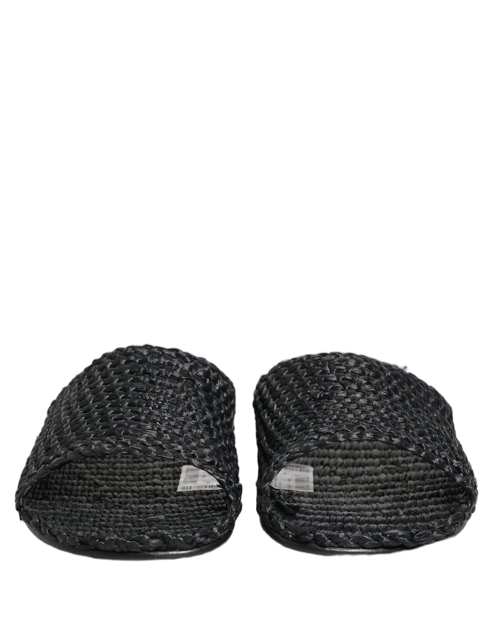 Black Straw Raffia Slides Sandals Flats Shoes