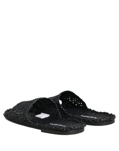Black Straw Raffia Slides Sandals Flats Shoes