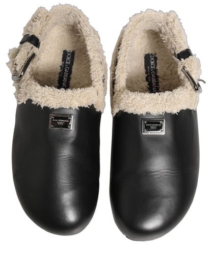Beige Black Fur Shearling Slides Sandals Shoes
