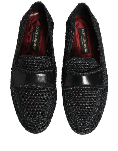 Black Woven Raffia Slip On Loafers Shoes