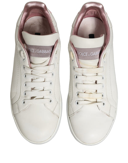 White Pink Leather Low Top Sneakers Shoes