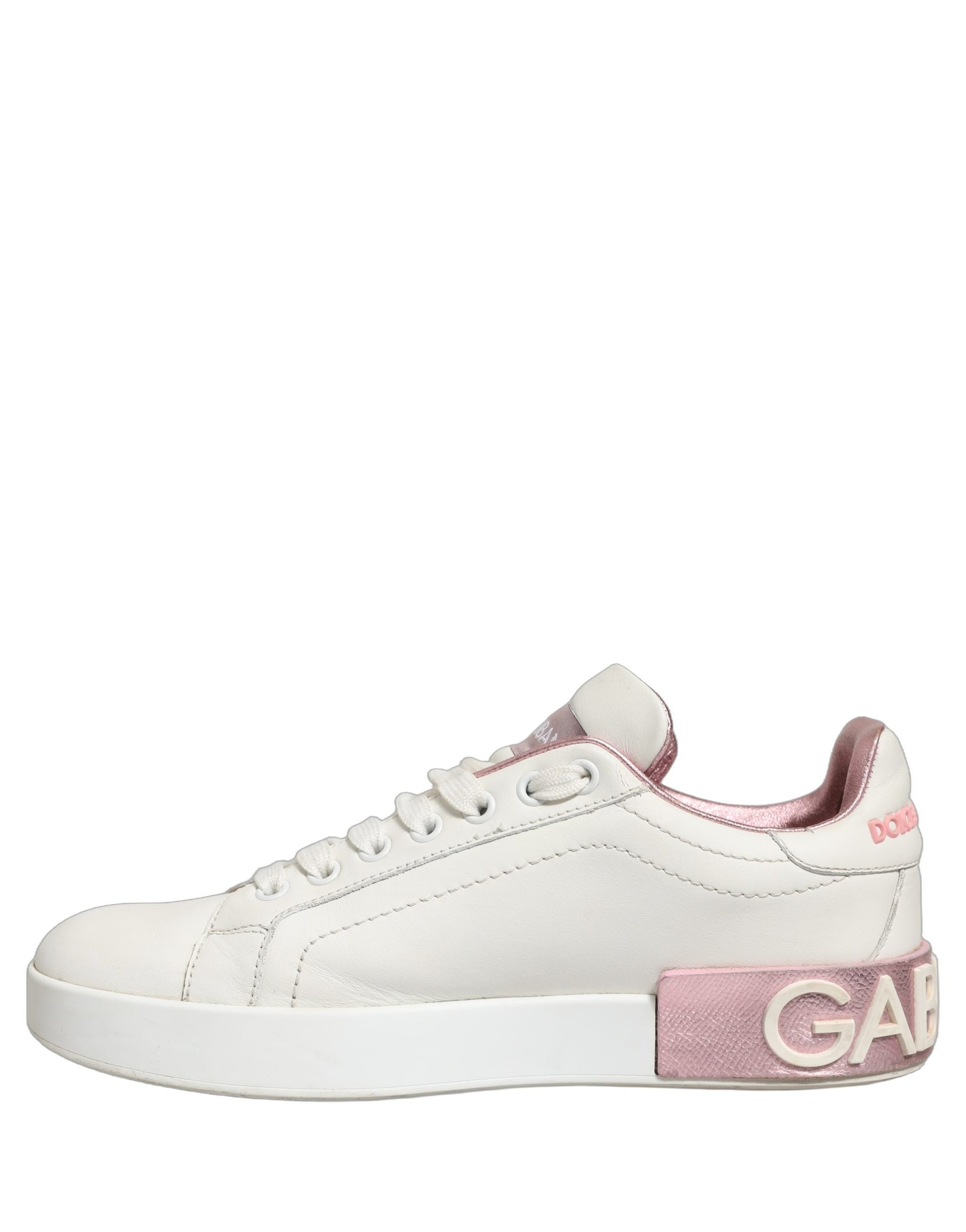 White Pink Leather Low Top Sneakers Shoes