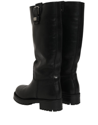 Black Leather Buckle Detail Mid Calf Boots Shoes