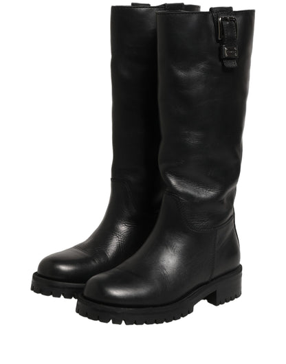 Black Leather Buckle Detail Mid Calf Boots Shoes