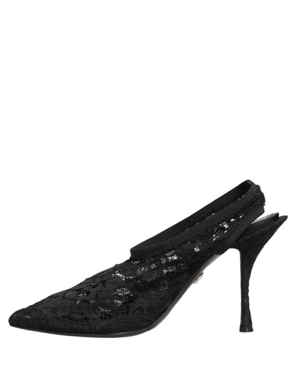 Black Lace Pointed Toe Slingback Pumps Shoes